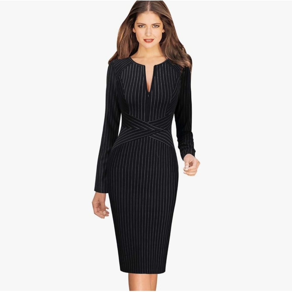 Elegant Black Pinstripe Dress, 3XL